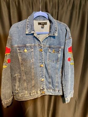 Forever 21 Denim Jacket with Red Rose Sleeve Embroidery